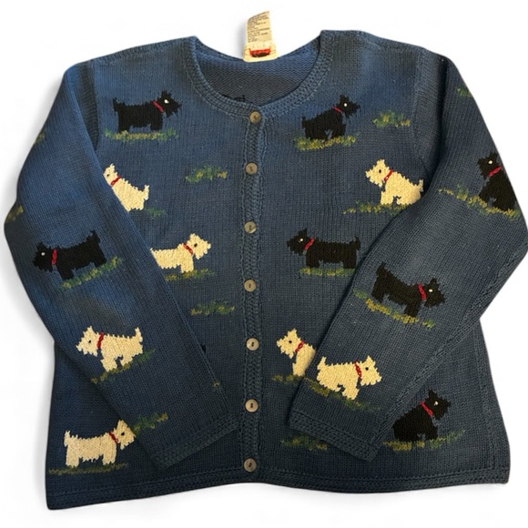 Talbots Vintage Blue Holiday Scottie  Cardigan Large - Picture 2 of 6